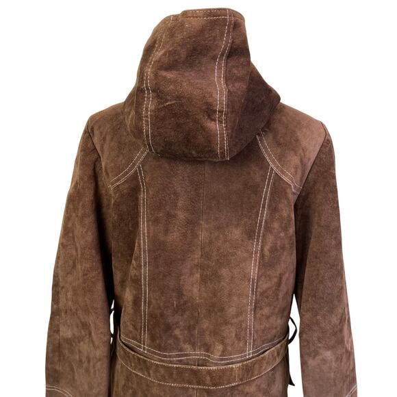 Vintage Retro 70s 80s Suede Jacket Hip Length Hooded Belted Brown Fitted XS - Picture 5 of 16